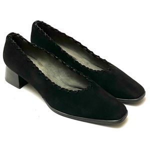 Stuart Weitzman Bixby Black Suede Cross Stitching Block Heel Shoe